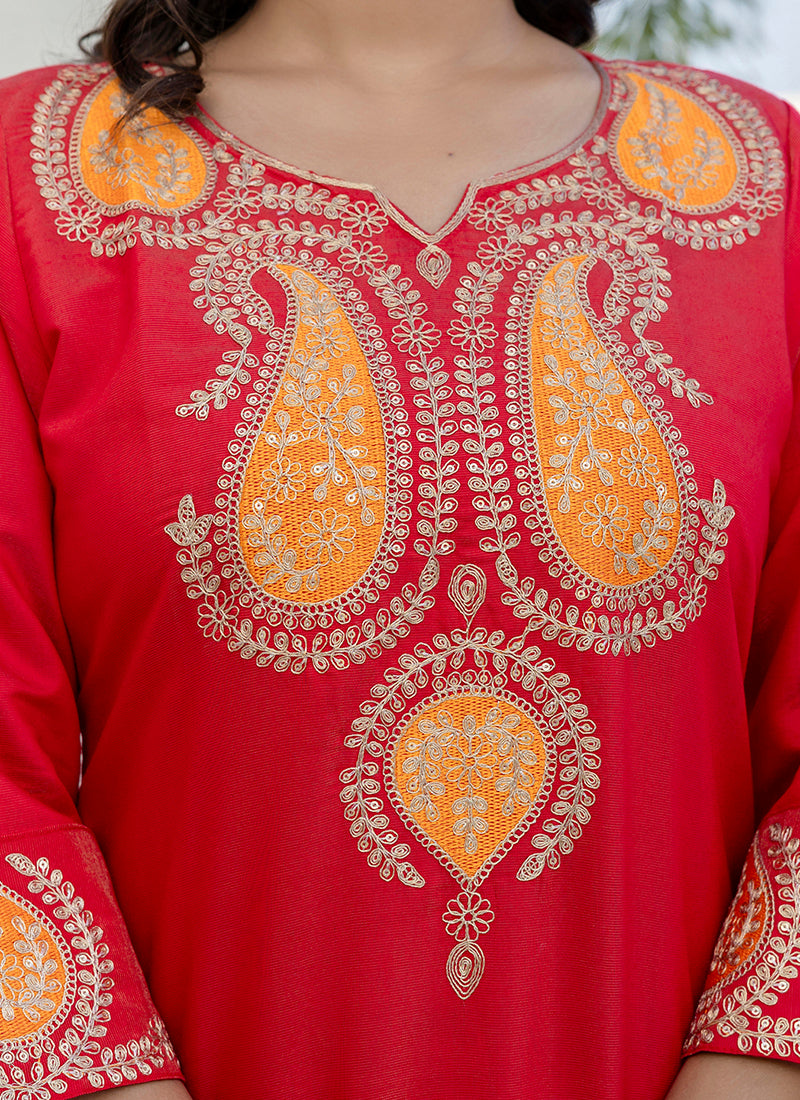 Vellora Viscose Rayon Red Casual Wear Embroidery Work Readymade Salwar Suit