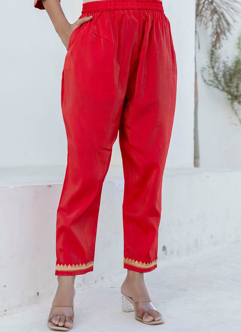 Vellora Viscose Rayon Red Casual Wear Embroidery Work Readymade Salwar Suit