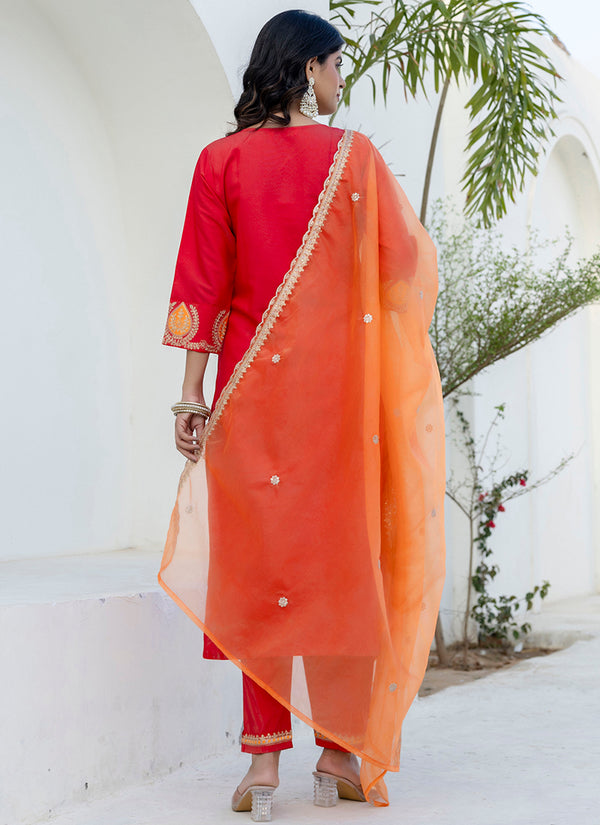 Vellora Viscose Rayon Red Casual Wear Embroidery Work Readymade Salwar Suit