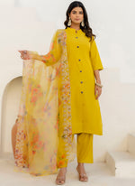 Thumbnail for Vellora Shimmer Silk Yellow Casual Wear Floral Print Readymade Salwar Suit