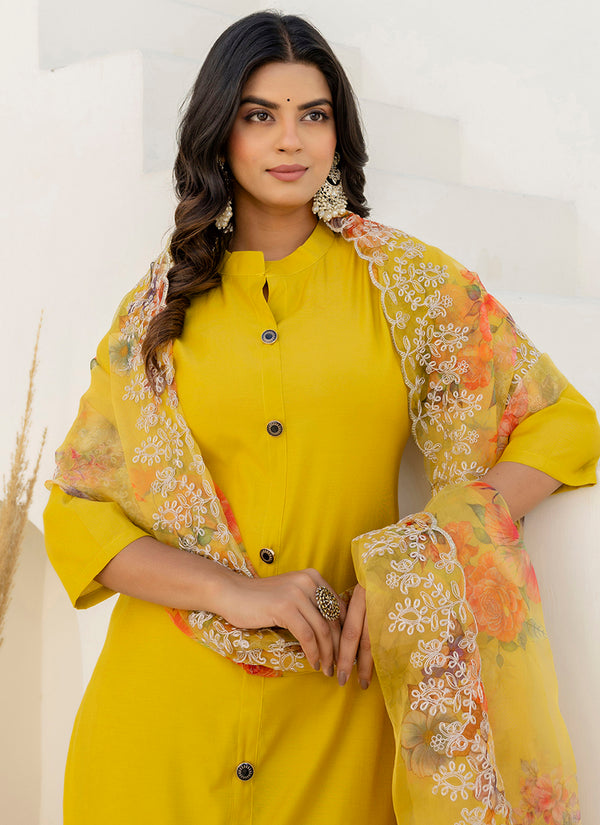 Vellora Shimmer Silk Yellow Casual Wear Floral Print Readymade Salwar Suit