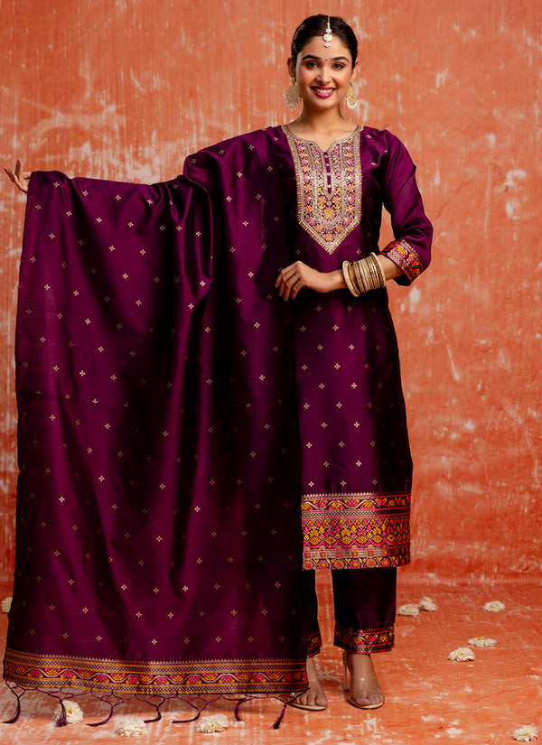 Vellora Cotton Silk Blend Wine Casual Wear Embroidery Work Readymade Salwar Suit