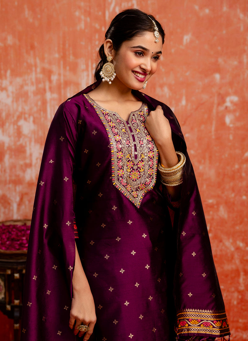 Vellora Cotton Silk Blend Wine Casual Wear Embroidery Work Readymade Salwar Suit