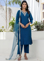 Thumbnail for Vellora Chanderi Silk Navy Blue Casual Wear Embroidery Work Readymade Salwar Suit