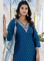 Thumbnail for Vellora Chanderi Silk Navy Blue Casual Wear Embroidery Work Readymade Salwar Suit