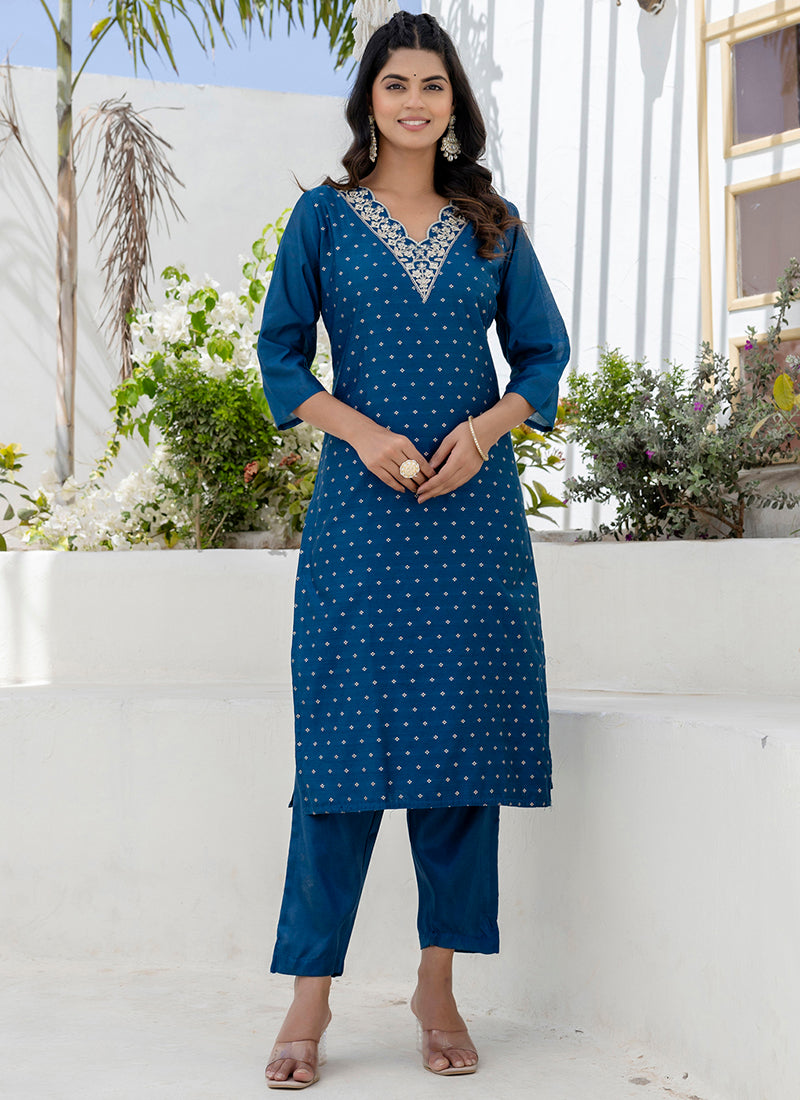 Vellora Chanderi Silk Navy Blue Casual Wear Embroidery Work Readymade Salwar Suit