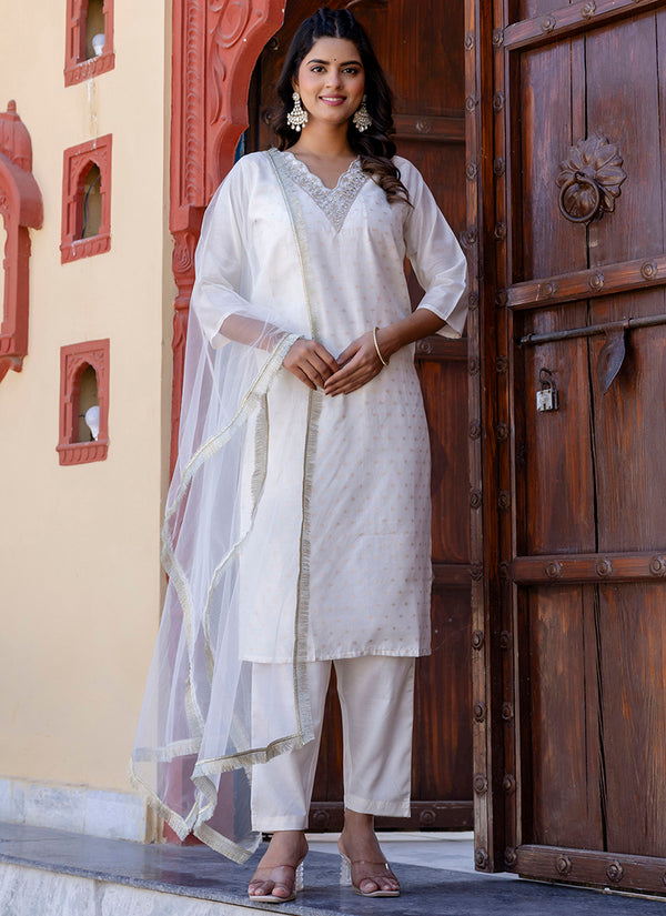 Vellora Chanderi Silk White Casual Wear Embroidery Work Readymade Salwar Suit