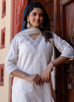 Thumbnail for Vellora Chanderi Silk White Casual Wear Embroidery Work Readymade Salwar Suit