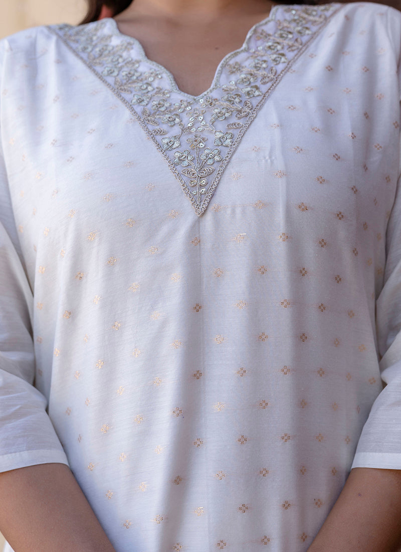 Vellora Chanderi Silk White Casual Wear Embroidery Work Readymade Salwar Suit