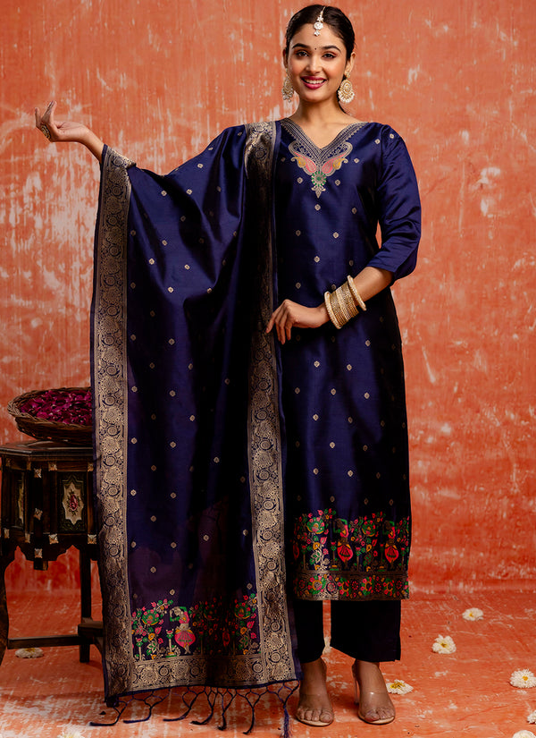 Vellora Cotton Silk Blend Navy Blue Party Wear Zari Work Readymade Salwar Suit