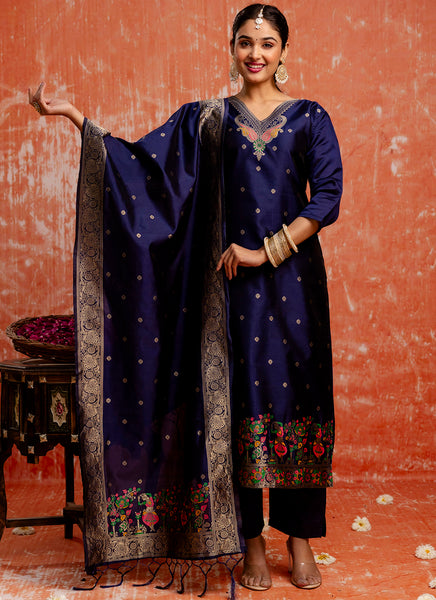 Vellora Cotton Silk Blend Navy Blue Party Wear Zari Work Readymade Salwar Suit