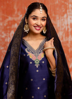Thumbnail for Vellora Cotton Silk Blend Navy Blue Party Wear Zari Work Readymade Salwar Suit