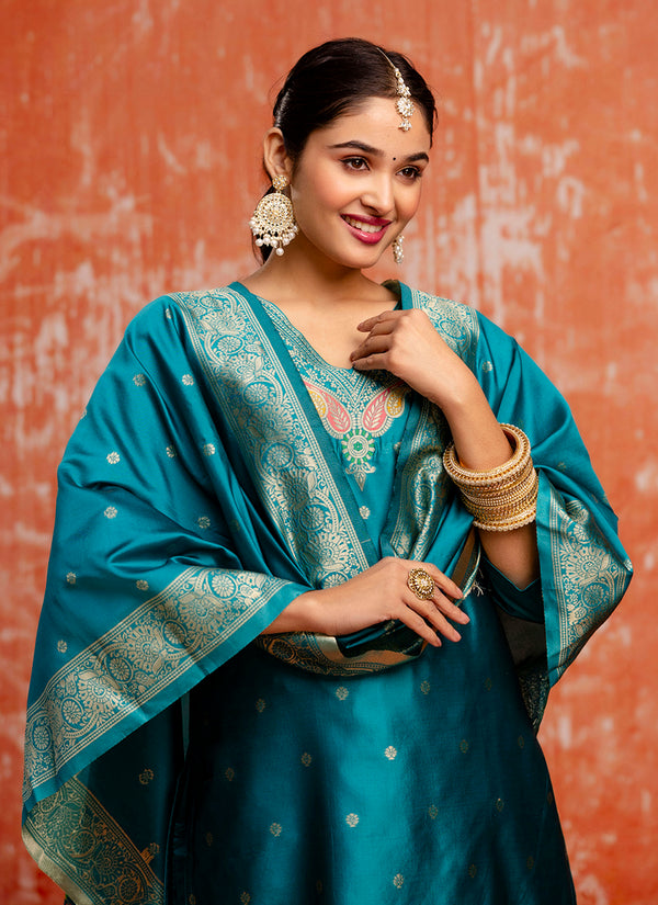 Vellora Cotton Silk Blend Rama Party Wear Zari Work Readymade Salwar Suit