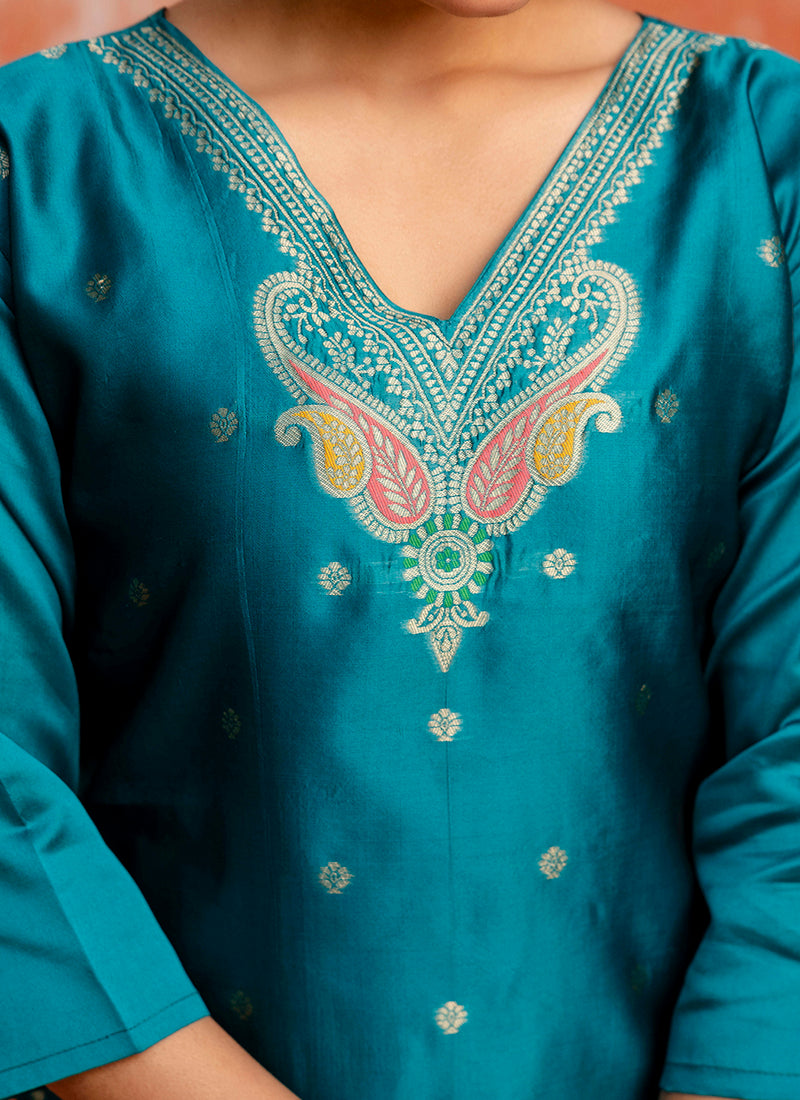 Vellora Cotton Silk Blend Rama Party Wear Zari Work Readymade Salwar Suit