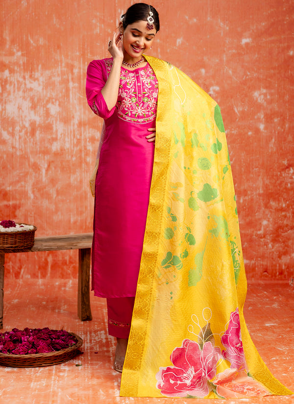 Vellora Silk Blend Rani Pink Festival Wear Embroidery Work Readymade Salwar Suit