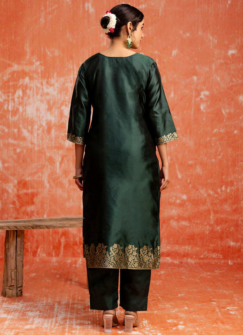 Vellora Cotton Silk Blend Dark Green Party Wear Zari Work Readymade Salwar Suit