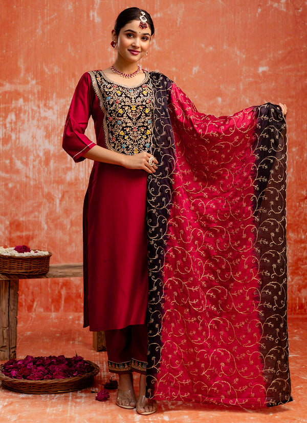 Vellora Viscose Red Party Wear Embroidery Work Readymade Salwar Suit