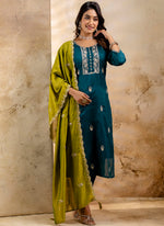 Thumbnail for Vellora Silk Blend Teal Party Wear Embroidery Work Readymade Salwar Suit