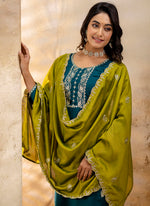 Thumbnail for Vellora Silk Blend Teal Party Wear Embroidery Work Readymade Salwar Suit