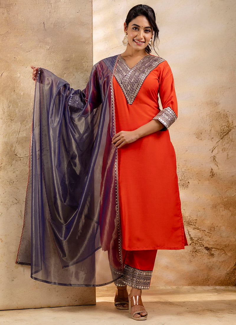 Vellora Viscose Rayon Orange Casual Wear Embroidery Work Readymade Salwar Suit
