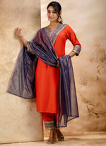 Thumbnail for Vellora Viscose Rayon Orange Casual Wear Embroidery Work Readymade Salwar Suit