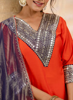 Thumbnail for Vellora Viscose Rayon Orange Casual Wear Embroidery Work Readymade Salwar Suit