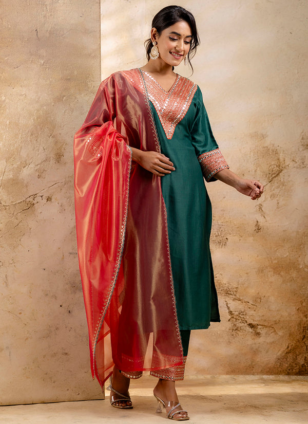 Vellora Viscose Rayon Bottle Green Casual Wear Embroidery Work Readymade Salwar Suit