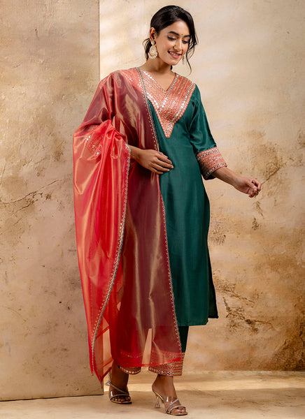 Vellora Viscose Rayon Bottle Green Casual Wear Embroidery Work Readymade Salwar Suit