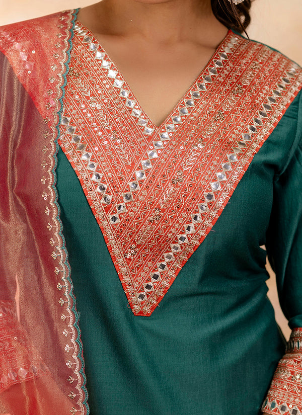 Vellora Viscose Rayon Bottle Green Casual Wear Embroidery Work Readymade Salwar Suit