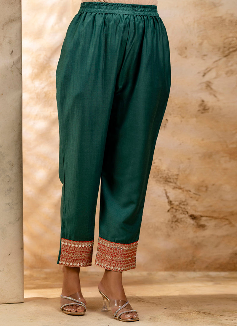 Vellora Viscose Rayon Bottle Green Casual Wear Embroidery Work Readymade Salwar Suit