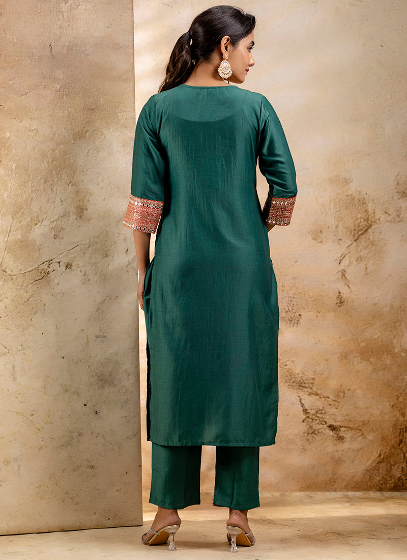 Vellora Viscose Rayon Bottle Green Casual Wear Embroidery Work Readymade Salwar Suit