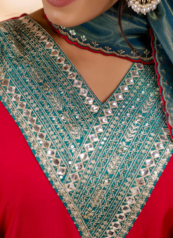 Vellora Viscose Rayon Red Casual Wear Embroidery Work Readymade Salwar Suit