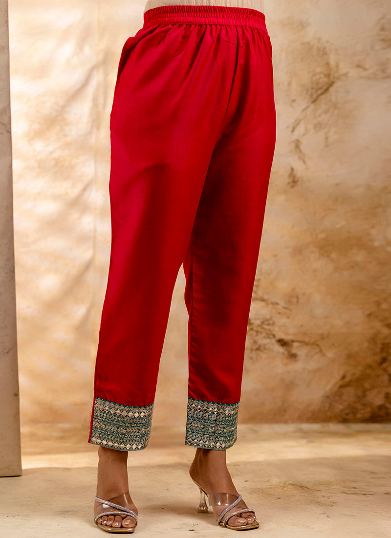 Vellora Viscose Rayon Red Casual Wear Embroidery Work Readymade Salwar Suit