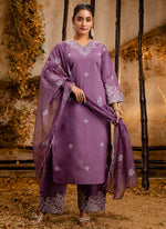 Thumbnail for Vellora Silk Blend Lavender Casual Wear Embroidery Work Readymade Salwar Suit