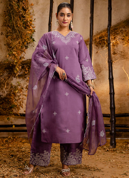 Vellora Silk Blend Lavender Casual Wear Embroidery Work Readymade Salwar Suit