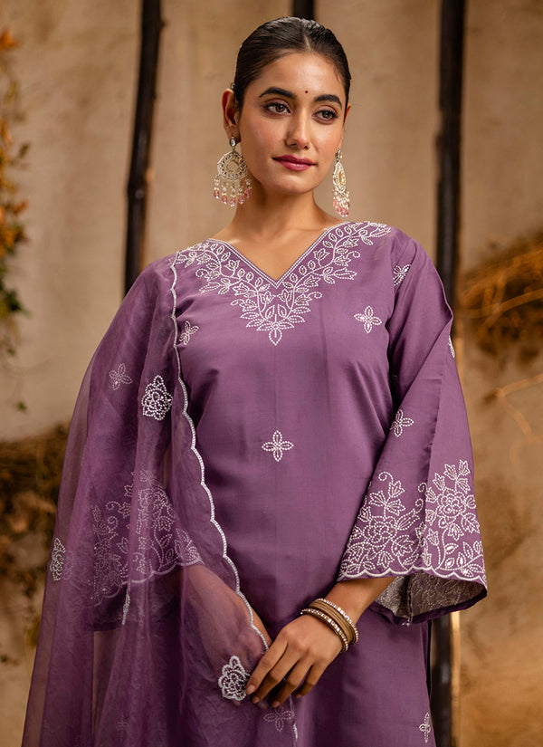 Vellora Silk Blend Lavender Casual Wear Embroidery Work Readymade Salwar Suit