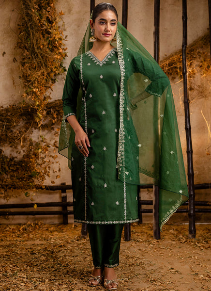 Vellora Silk Blend Dark Green Casual Wear Embroidery Work Readymade Salwar Suit