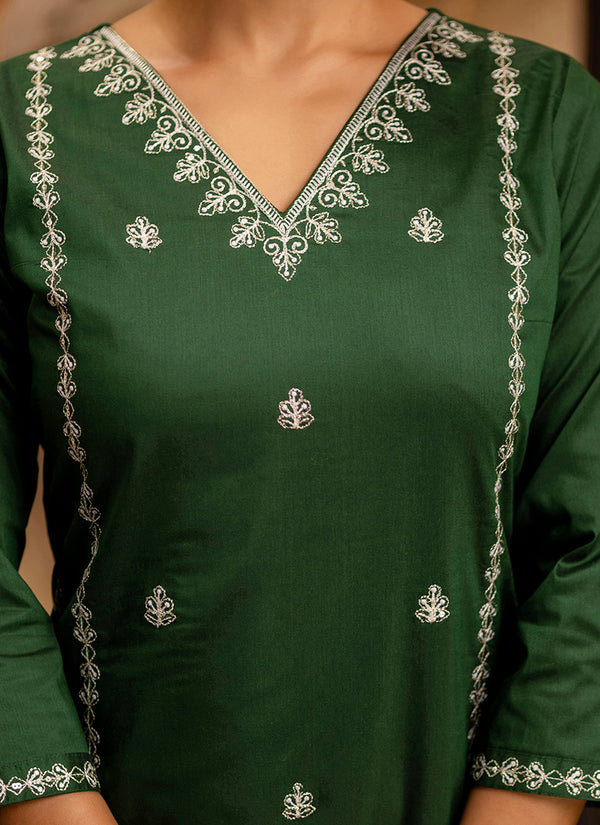 Vellora Silk Blend Dark Green Casual Wear Embroidery Work Readymade Salwar Suit