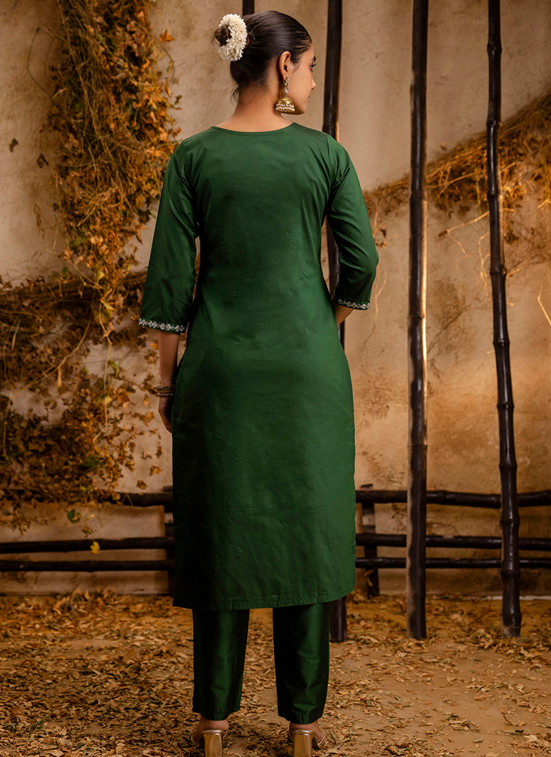 Vellora Silk Blend Dark Green Casual Wear Embroidery Work Readymade Salwar Suit