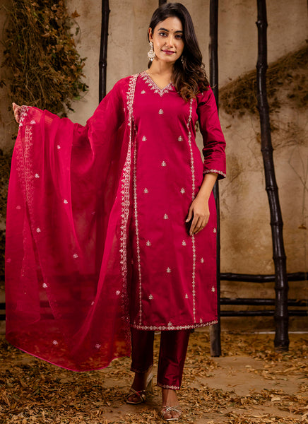 Vellora Silk Blend Pink Casual Wear Embroidery Work Readymade Salwar Suit
