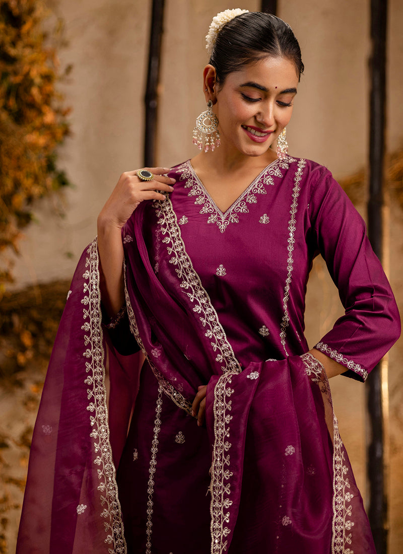 Vellora Silk Blend Wine Casual Wear Embroidery Work Readymade Salwar Suit