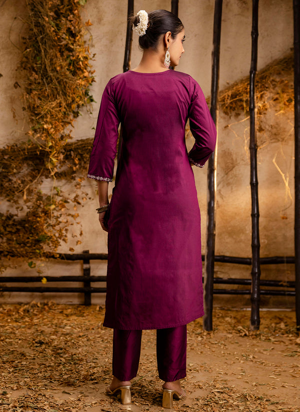 Vellora Silk Blend Wine Casual Wear Embroidery Work Readymade Salwar Suit