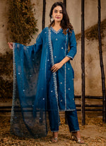 Thumbnail for Vellora Silk Blend Navy Blue Casual Wear Embroidery Work Readymade Salwar Suit