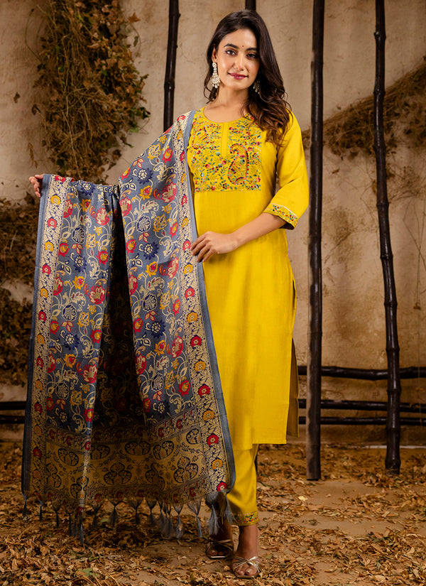 Vellora Viscose Rayon Mustard Party Wear Embroidery Work Readymade Salwar Suit