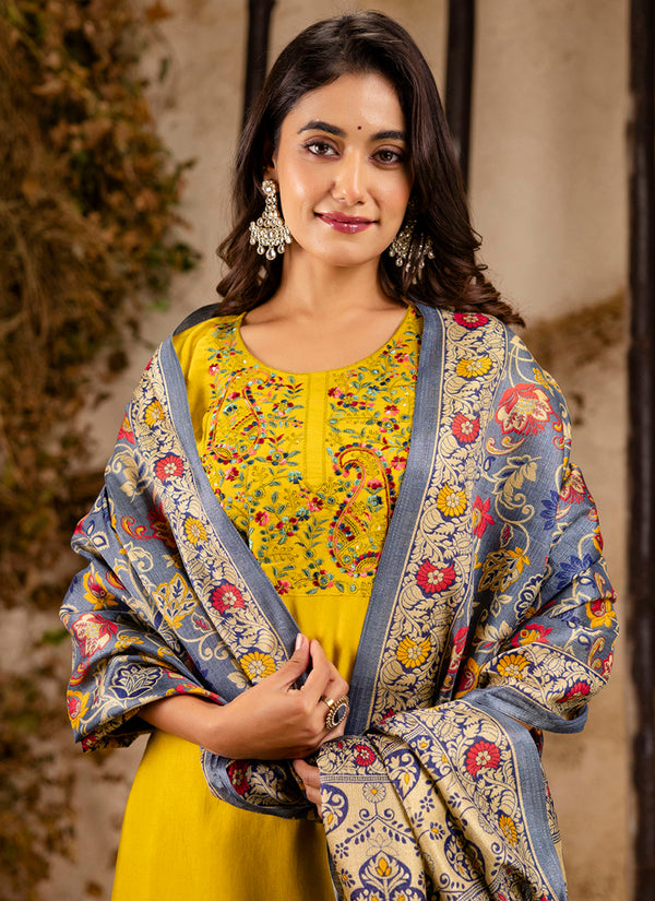 Vellora Viscose Rayon Mustard Party Wear Embroidery Work Readymade Salwar Suit