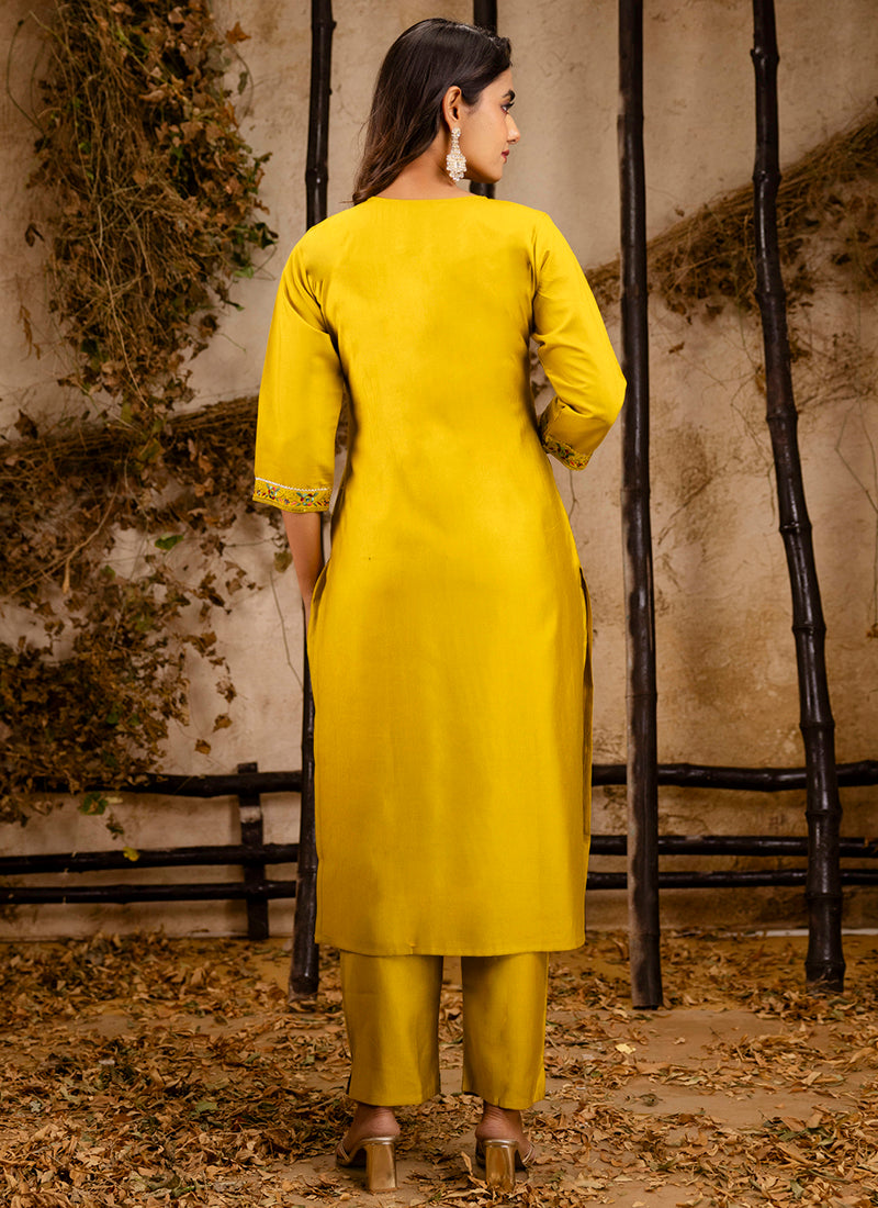 Vellora Viscose Rayon Mustard Party Wear Embroidery Work Readymade Salwar Suit