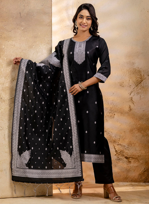 Vellora Cotton Blend Black Party Wear Weaving Work Readymade Salwar Suit