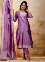 Thumbnail for Vellora Cotton Blend Dusty Pink Party Wear Weaving Work Readymade Salwar Suit