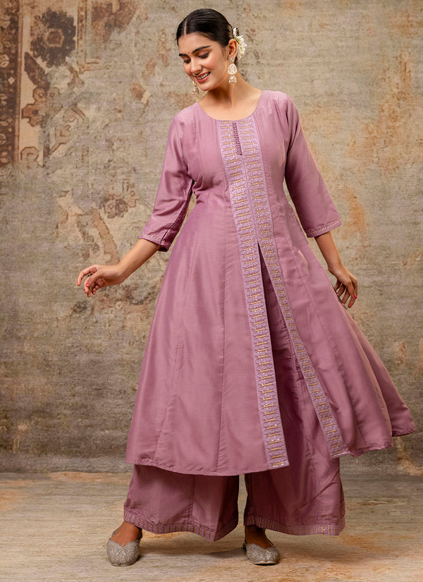 Vellora Silk Blend Dusty Pink Casual Wear Embroidery Work Readymade Plazzo Suit