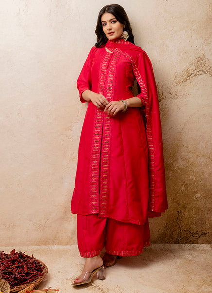 Vellora Silk Blend Red Casual Wear Embroidery Work Readymade Plazzo Suit